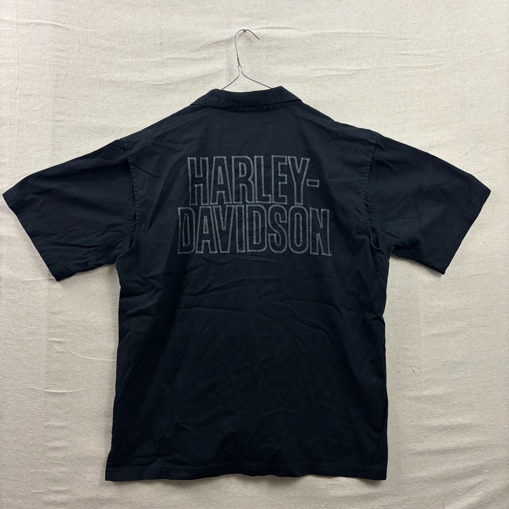 Harley-Davidson Button Up Shirt Large Black Stitched Back Logo Mechanic Pocket